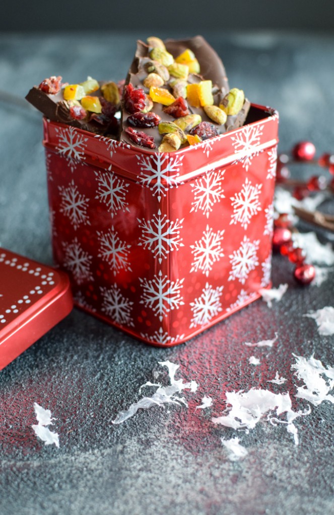 Dark Chocolate Bark in a red holiday gift tin