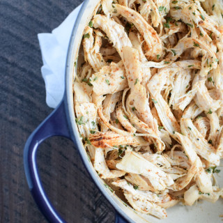 Shredded Spicy Mexican Chicken in a dutch oven