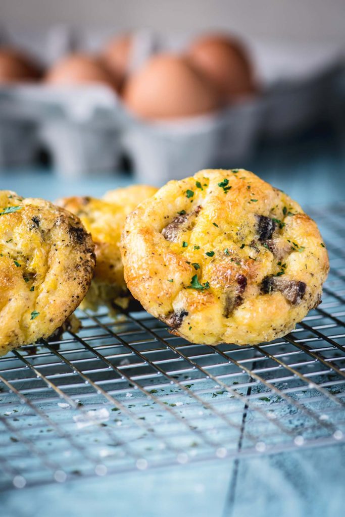 Turkey sausage mini egg muffins on a cooling rack