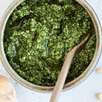 Close up of kale pesto in a small bowl