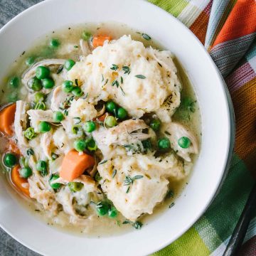 Chicken & Dumplings in a cream bowl photographed from overhead