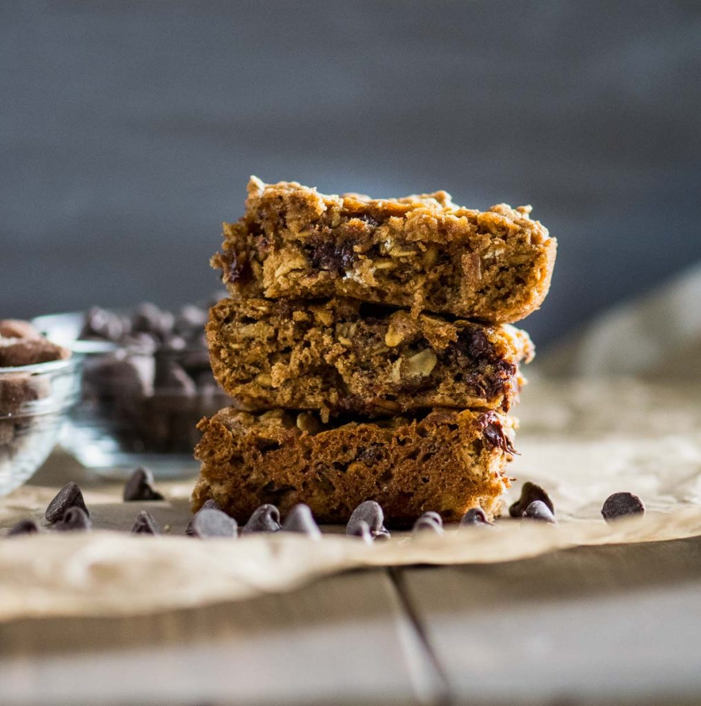 Three chocolate chip granola bars stacked