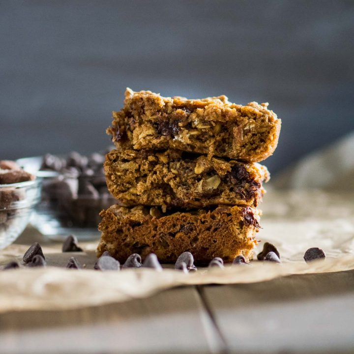 Three stacked chocolate chip oatmeal bars