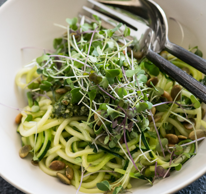 Zucchini Noodles topped with micro greens