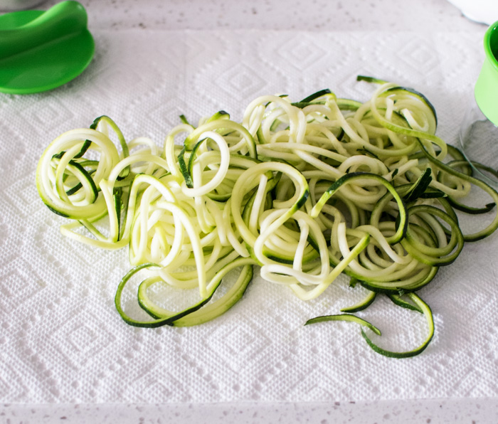 Prepping the zucchini noodles