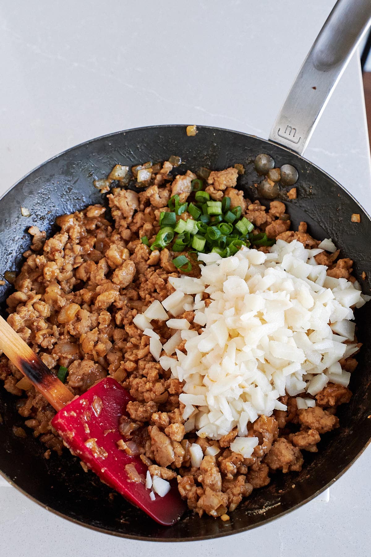 Ground chicken with water chestnuts and green onions in a pan