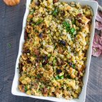 Thanksgiving cornbread stuffing in a large white serving dish