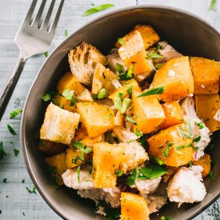 Butternut squash, sourdough croutons and roasted chicken form a panzanella salad