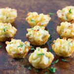 Mini Crab Mac & Cheese Bites on a metal pan