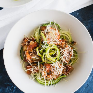 Quinoa Ricotta Meatballs on a bed of zucchini noodles