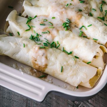 Chicken & Mushroom crepes in a baking dish