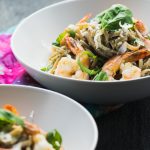 Two bowls of Shrimp Linguine with Lemon Artichoke Pesto