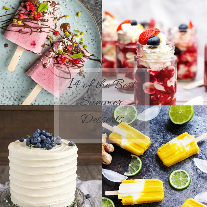 Tiled photo with four desserts - two different types of popsicles, eaton mess in mason jars and a lovely vanilla cake topped with blueberries