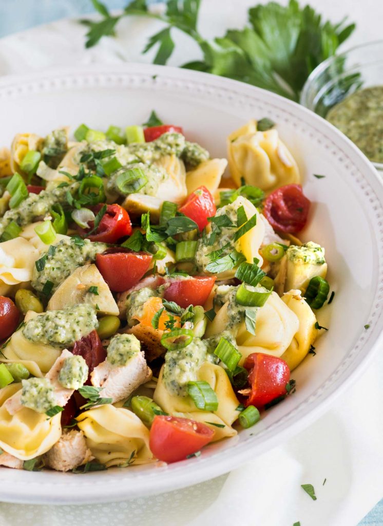 Close up of tortellini pasta salad in a white bowl