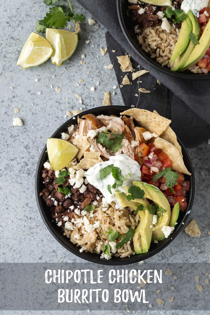 Pin of chicken burrito bowl shot from overhead