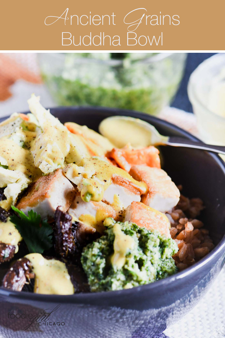 This buddha bowl starts with a base of ancient grains and gets topped with tofu, sweet potatoes, miso sauce and cilantro pesto for a healthy vegetarian meal! 