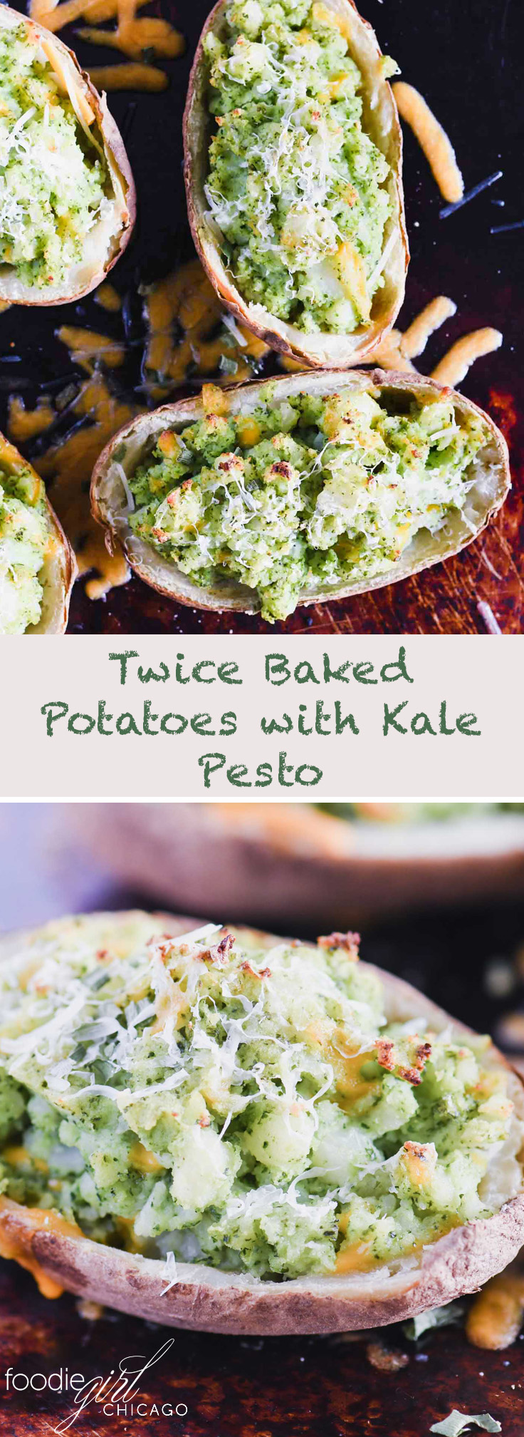 These creamy twice baked potatoes get an added healthy punch from kale pesto, making them the ultimate comfort food!