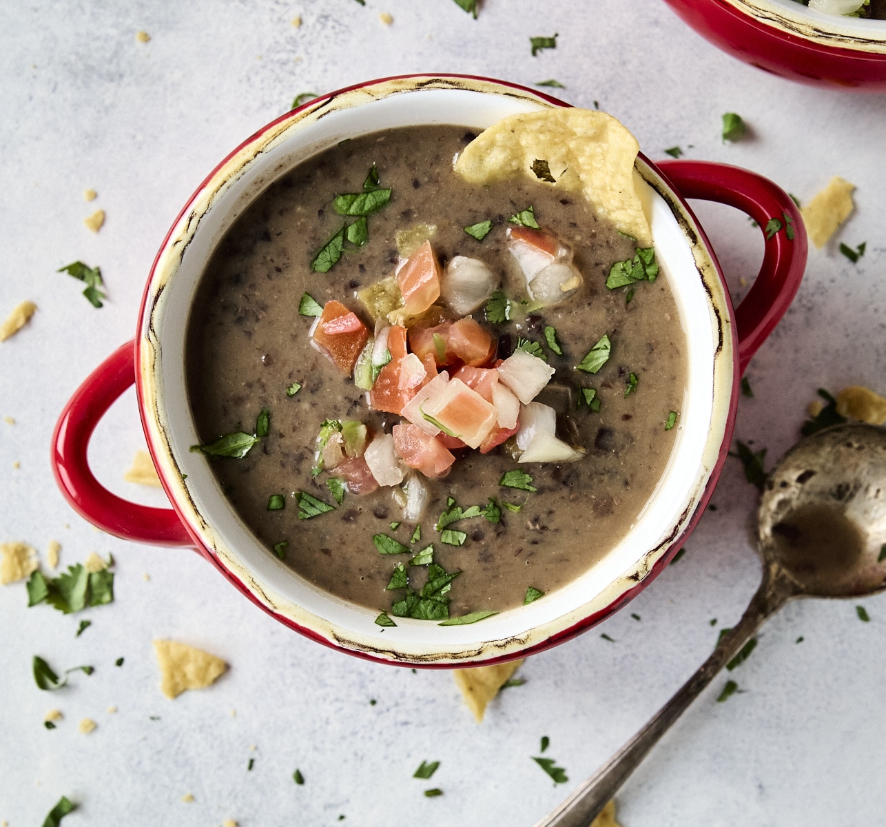 Overhead shot of bowl of black bean soup
