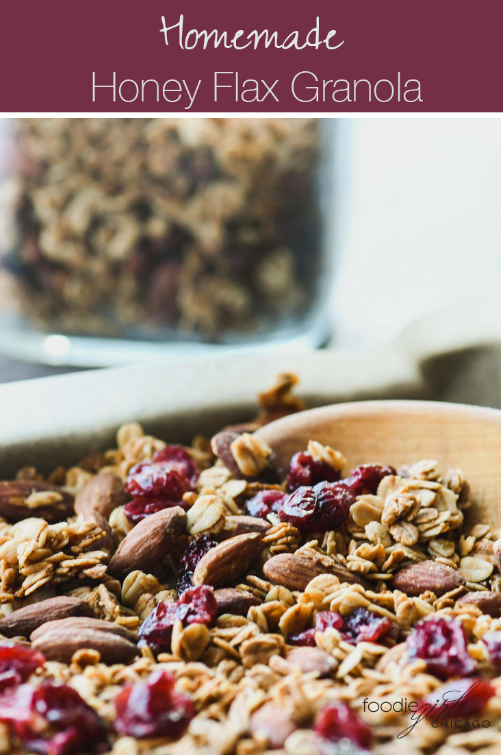 Close up of granola with a wooden spoon