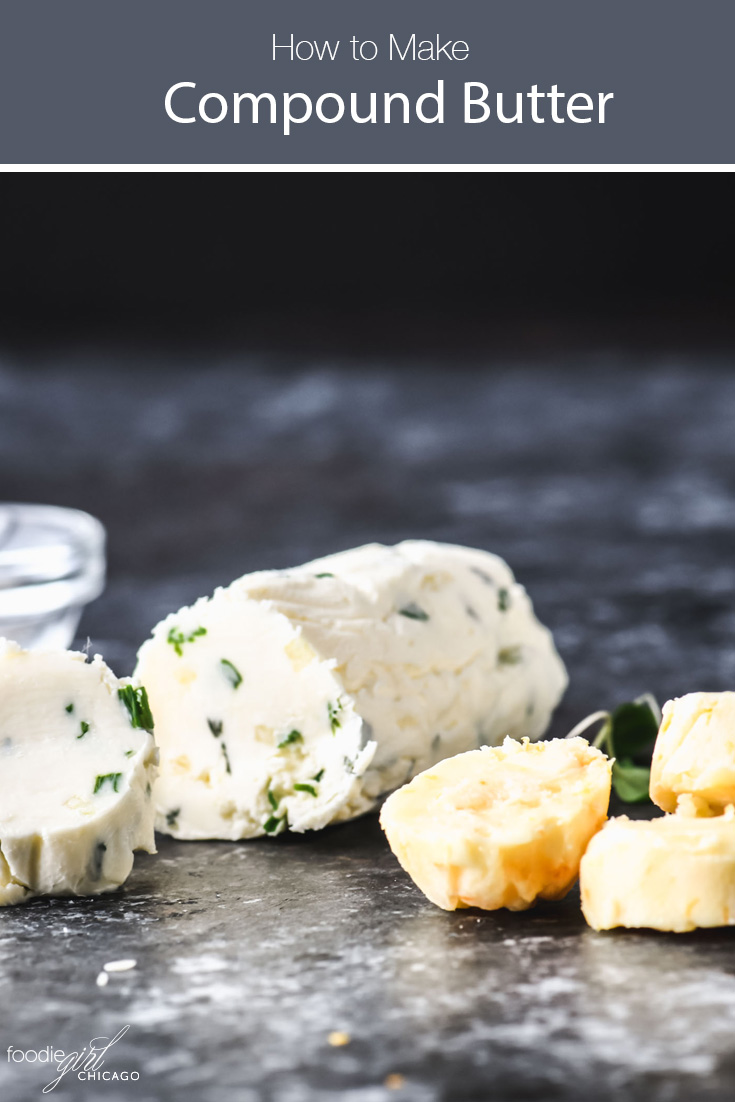 Compound butter cylinders on a dark background