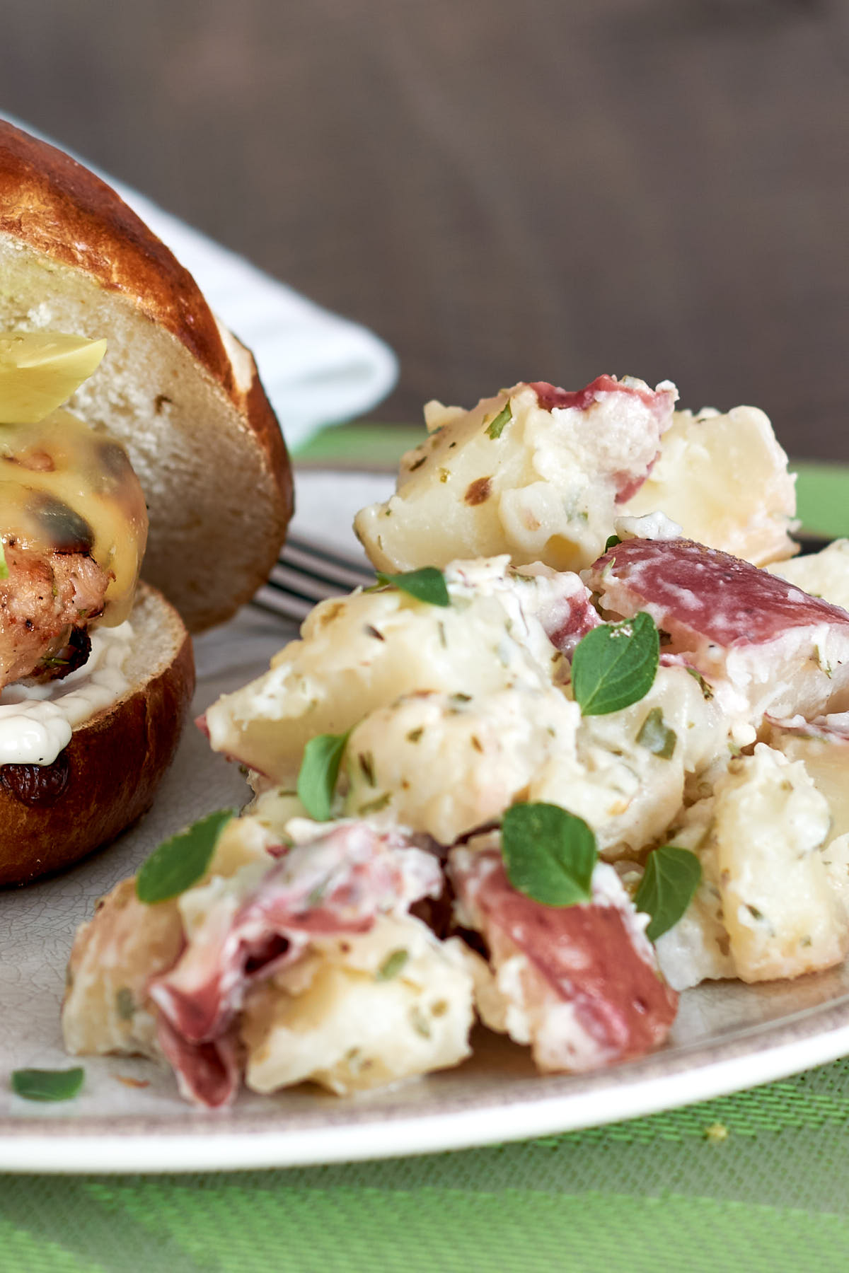 Close up of red-skinned potato salad