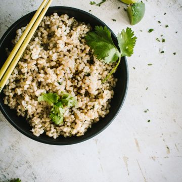 Cilantro Lime Brown Rice in a black bowl