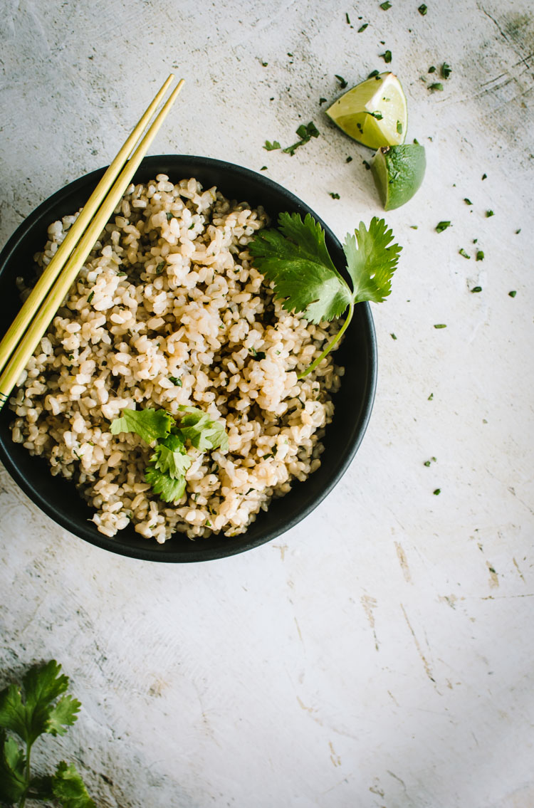Cilantro Lime Brown Rice in a black bowl