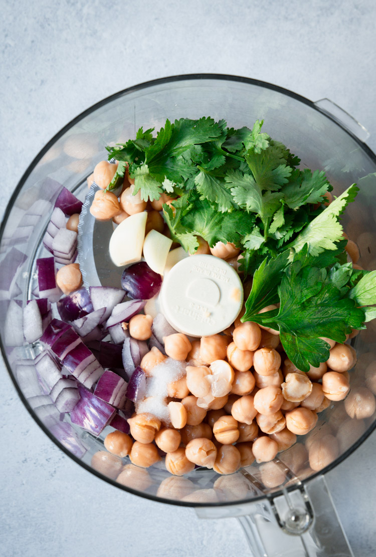 Chickpeas and other Falafel ingredients in food processor