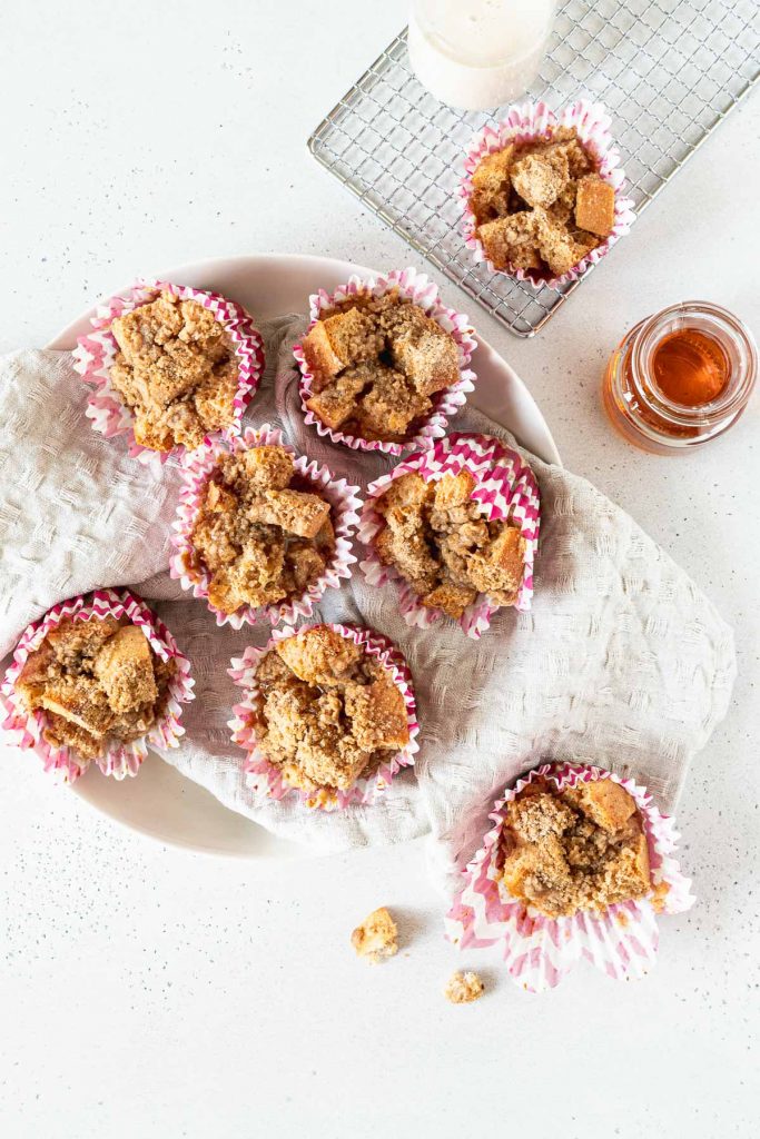 French toast muffins on a white plate, shot from overhead