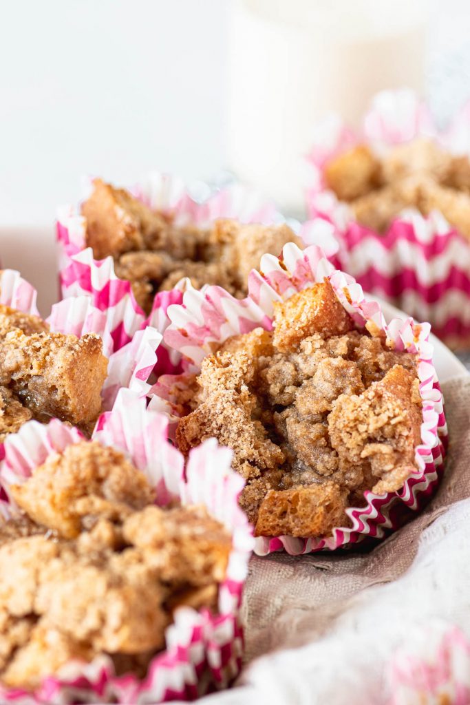 Close up of French Toast Muffins in pink striped muffin liners