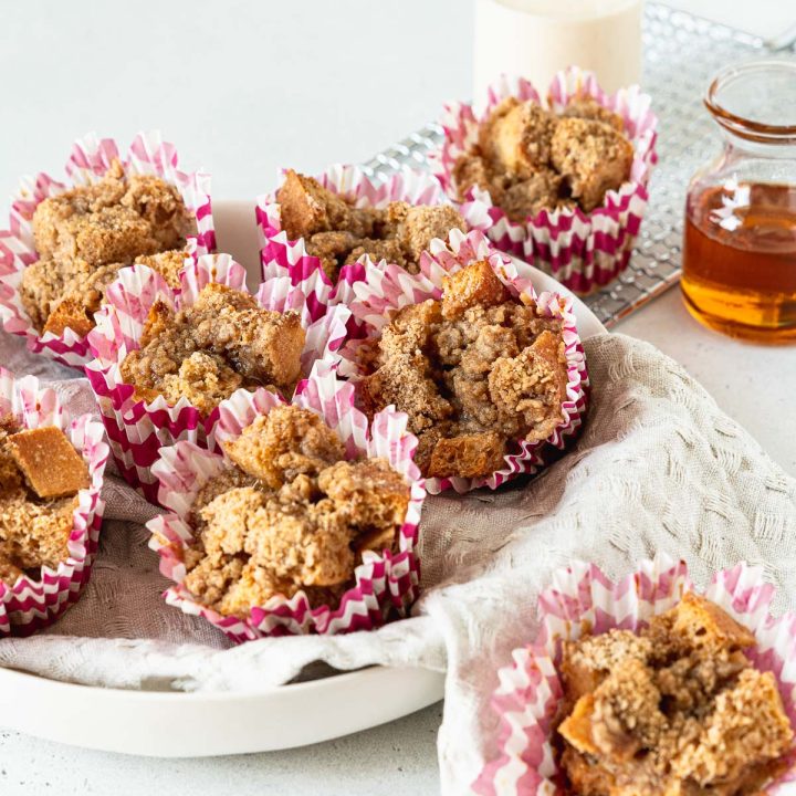 French toast muffins in pink and white muffin tin liners