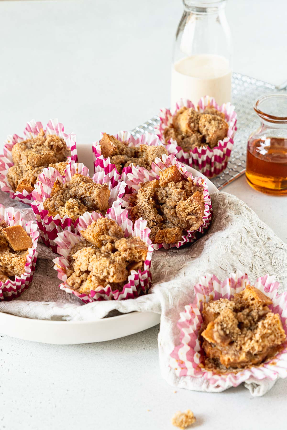 French toast muffins in pink and white muffin tin liners