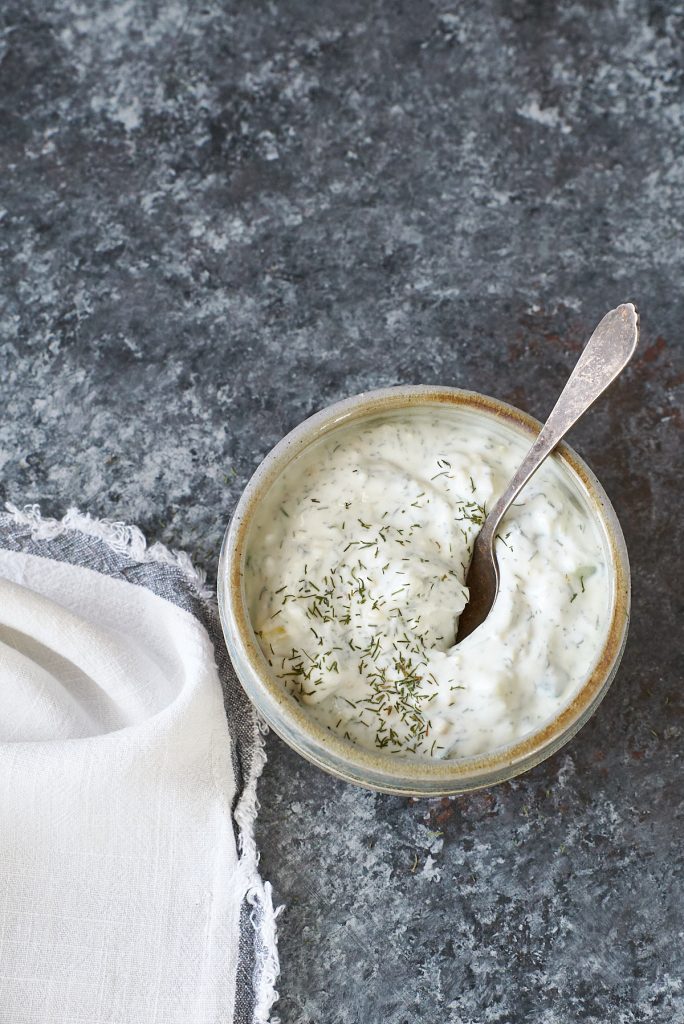 Small bowl filled with tzatziki sauce