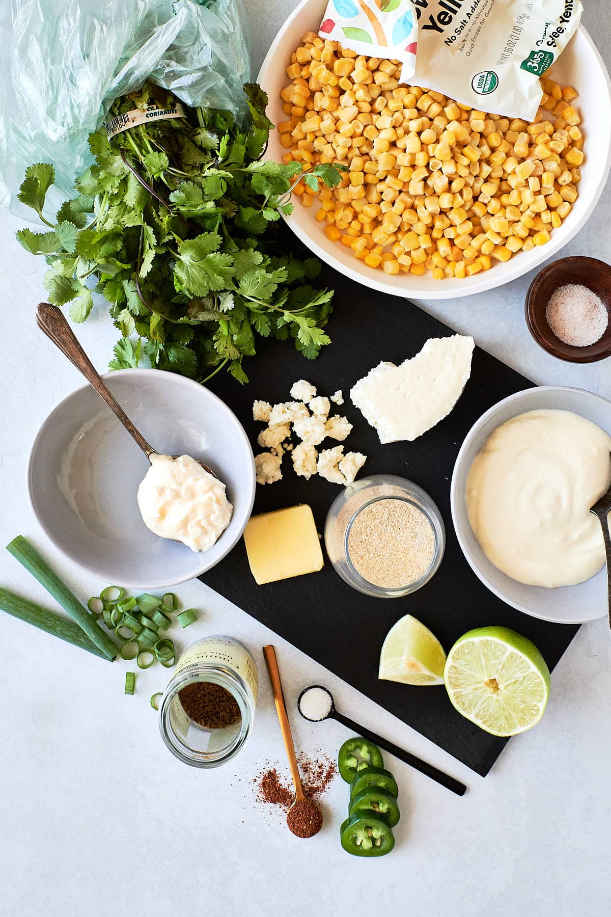 Sweet corn kernels, cilantro, creme fraiche, mayo, queso fresco and other street corn dip ingredients