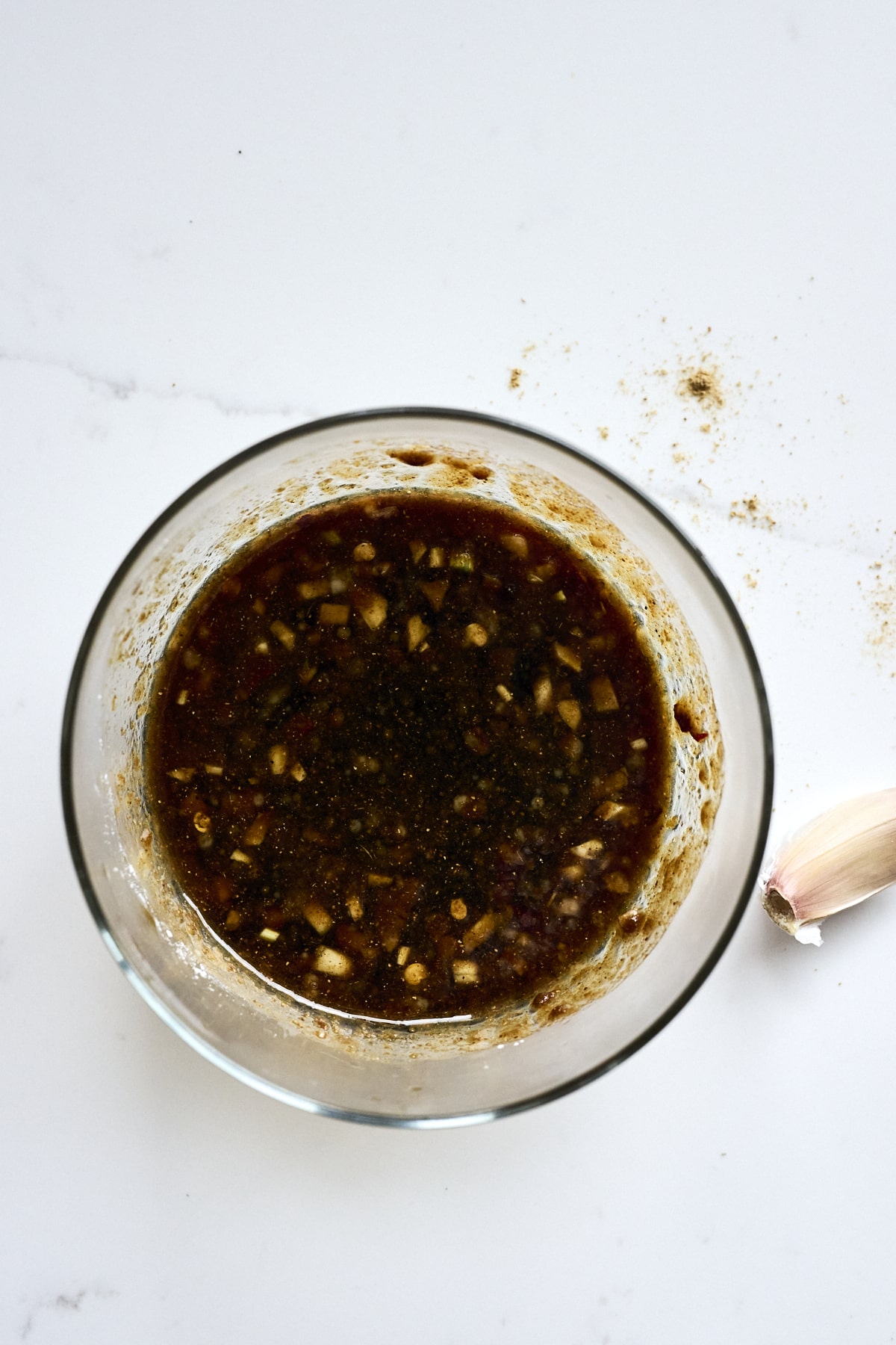 Sauce for stir fry in a small glass bowl