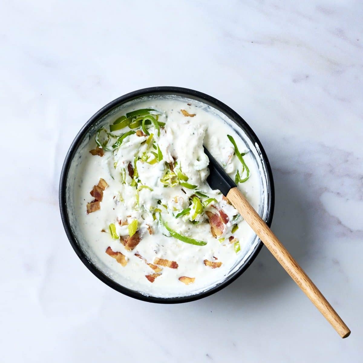 Leeks, pancetta, ricotta and heavy cream mixed together.