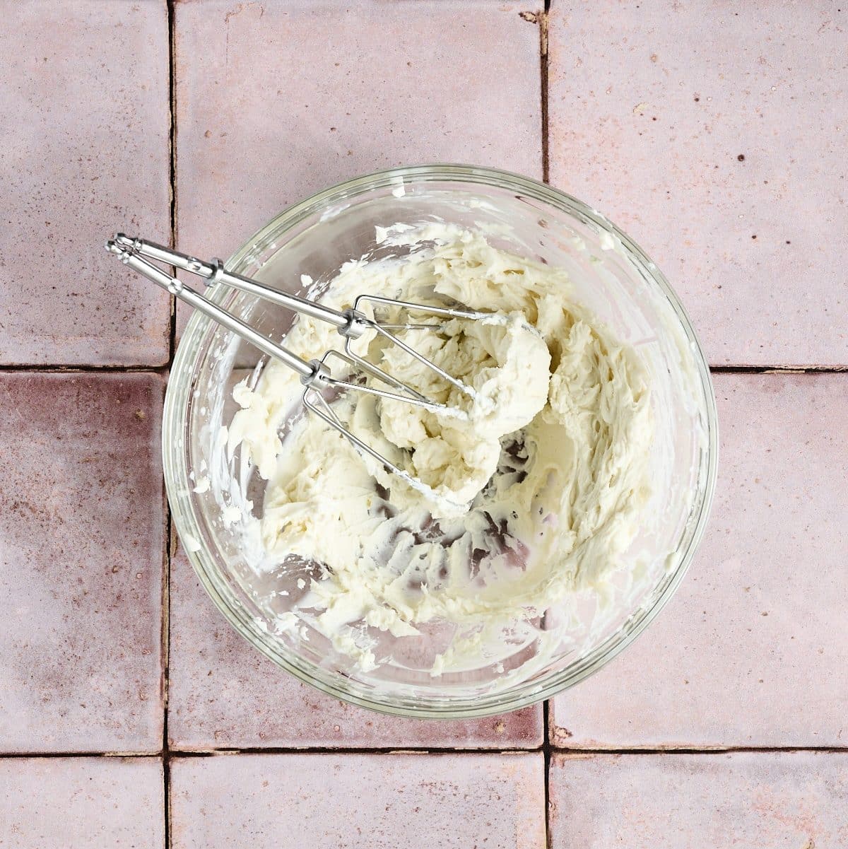 no bake cheesecake mixture in a glass bowl