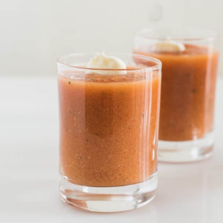 Traditional tomato gazpacho shots - ideal for entertaining.