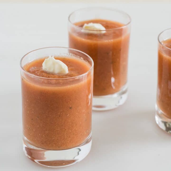 This Traditional tomato gazpacho can be served as individual shots